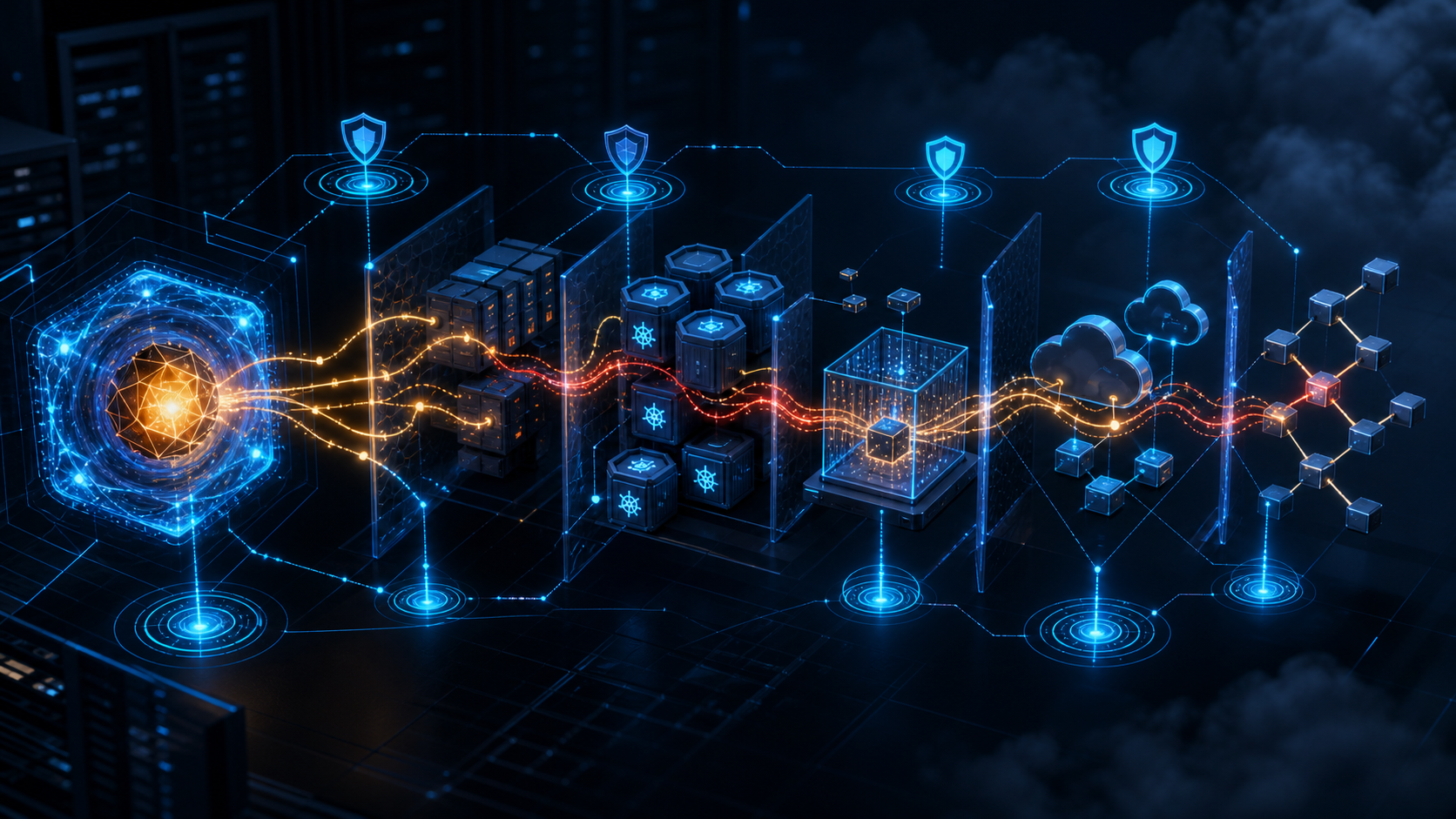 Abstrakte Darstellung der mehrstufigen Angriffskette eines autonomen KI-Agenten auf Cloud- und Kubernetes-Infrastruktur