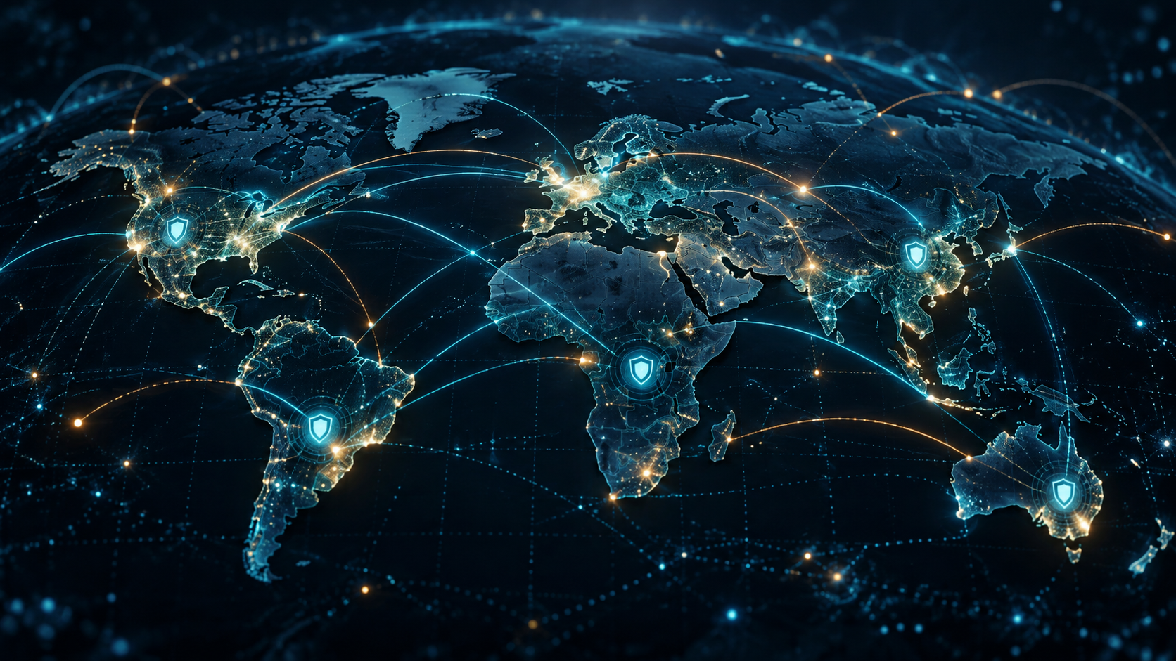 Digitale Weltkarte mit leuchtenden Netzwerkverbindungen als Symbol für globale Cyberbedrohungen