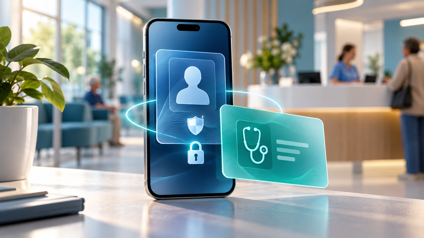 Symbolbild zur EUDI-Wallet im Gesundheitswesen: Smartphone mit digitalem Identitätsnachweis, Sicherheitsschloss und Gesundheitskarte.